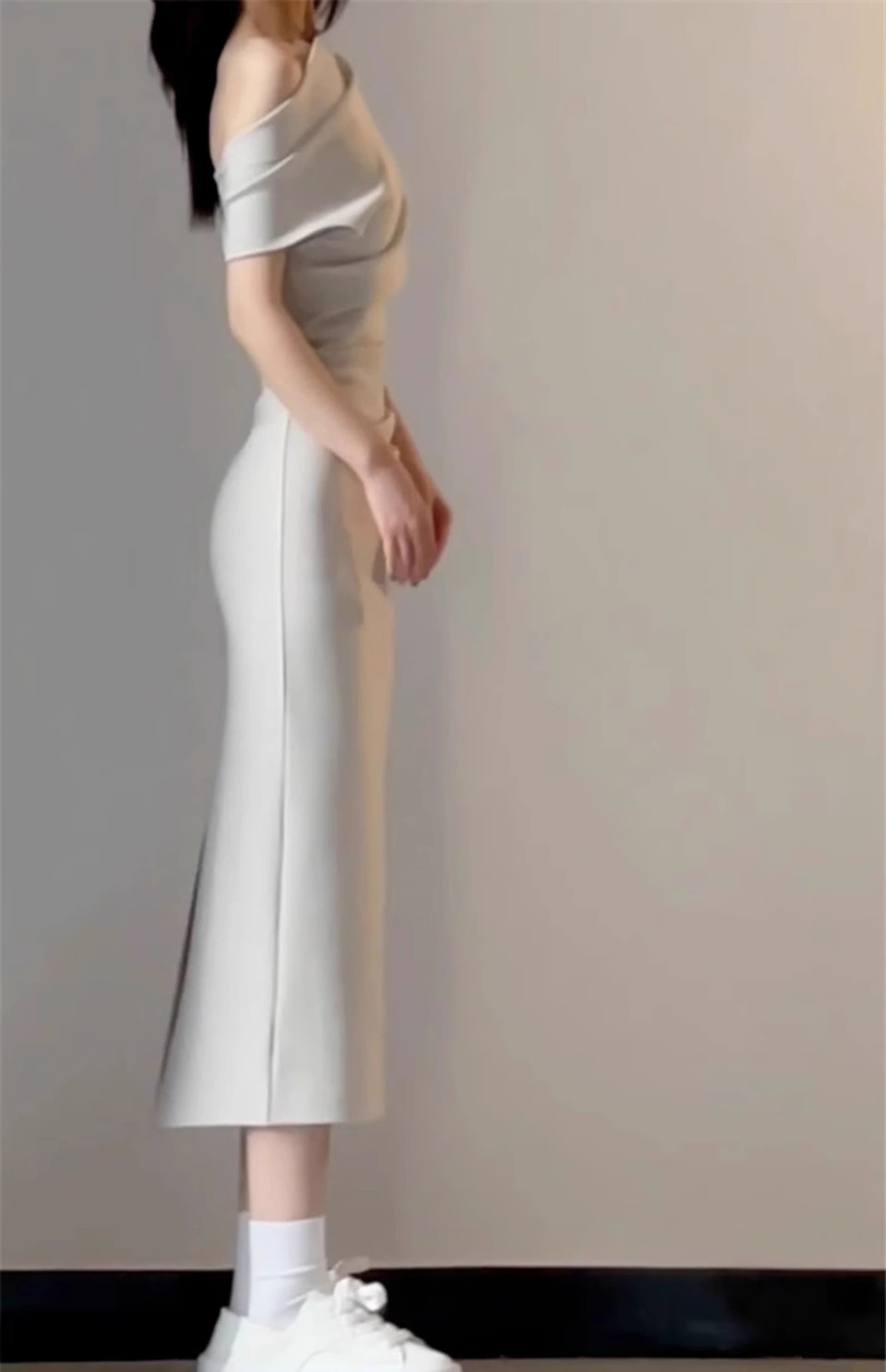 2026 새로운 열린 봄 한 부서 착용 가져 가라. 비스듬한 어깨 흔들다 칼라 드레스 아이들 봄 여름 품격 몸매 가꾸기 타이트 스커트 롱 스커트 상세 이미지 8