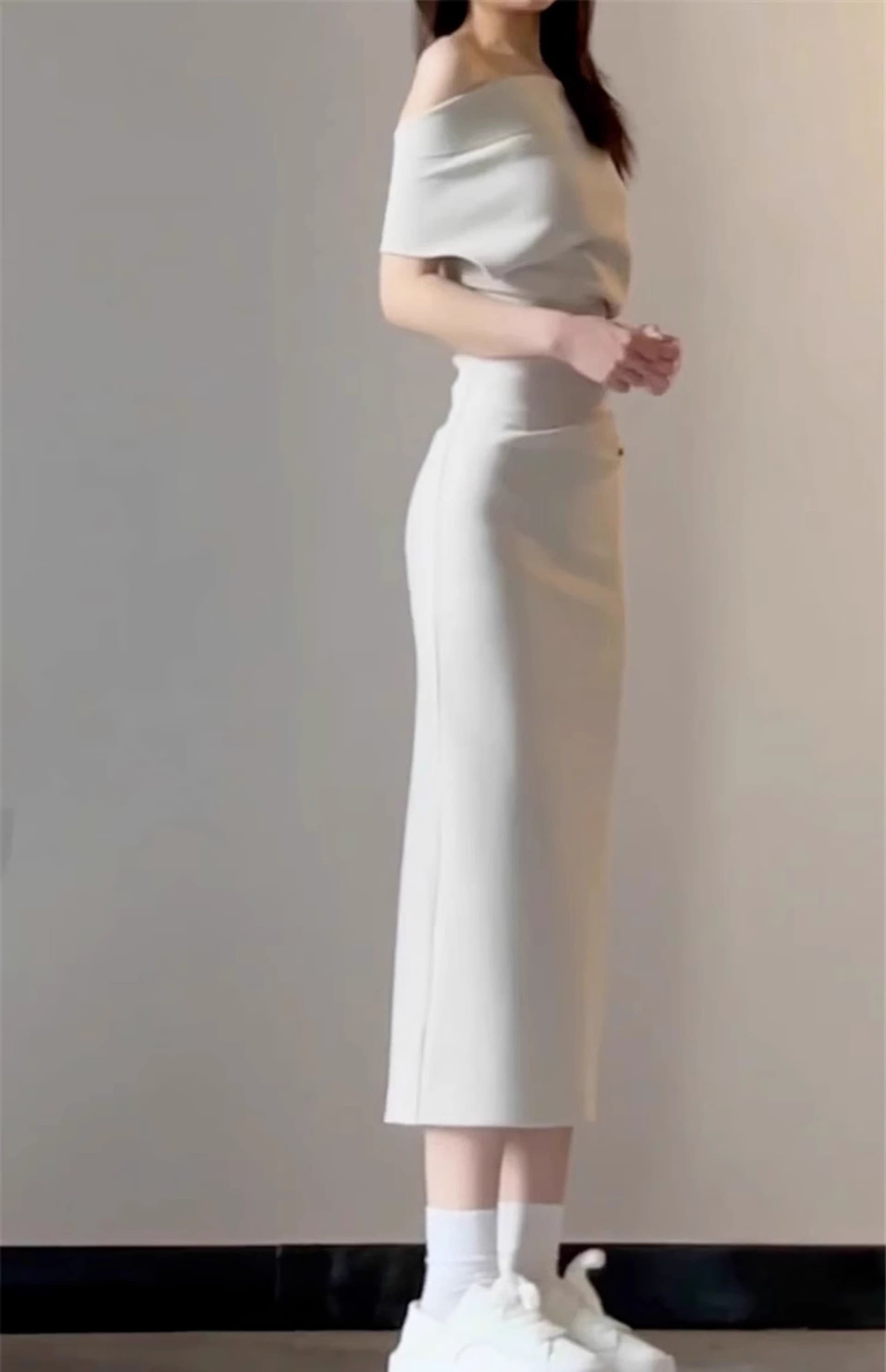 2026 새로운 열린 봄 한 부서 착용 가져 가라. 비스듬한 어깨 흔들다 칼라 드레스 아이들 봄 여름 품격 몸매 가꾸기 타이트 스커트 롱 스커트 상세 이미지 20