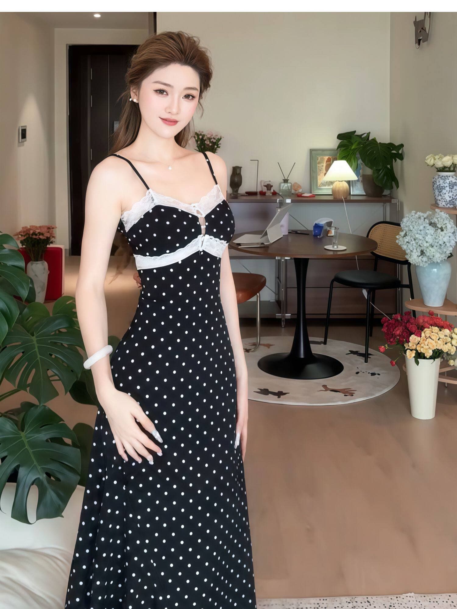 섹시함 도트 무늬 레이스 검정색 여성 드레스 2026 여름 새로운 순수한 욕망 허리 수축 휴가 롱 스커트 이미지 3