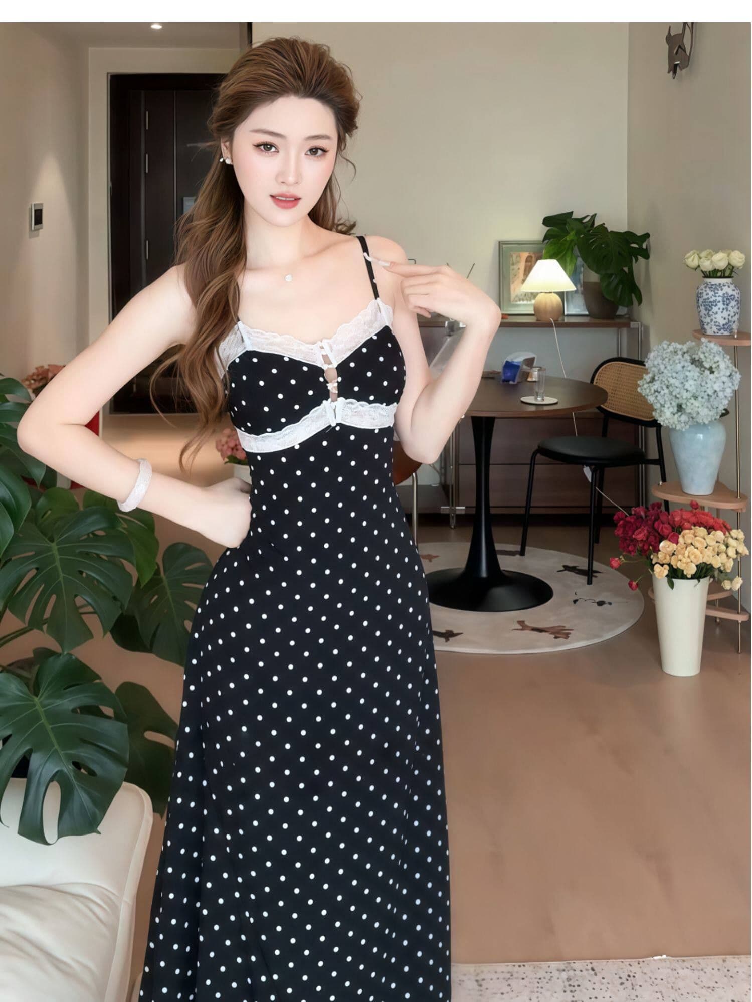 섹시함 도트 무늬 레이스 검정색 여성 드레스 2026 여름 새로운 순수한 욕망 허리 수축 휴가 롱 스커트 상세 이미지 5