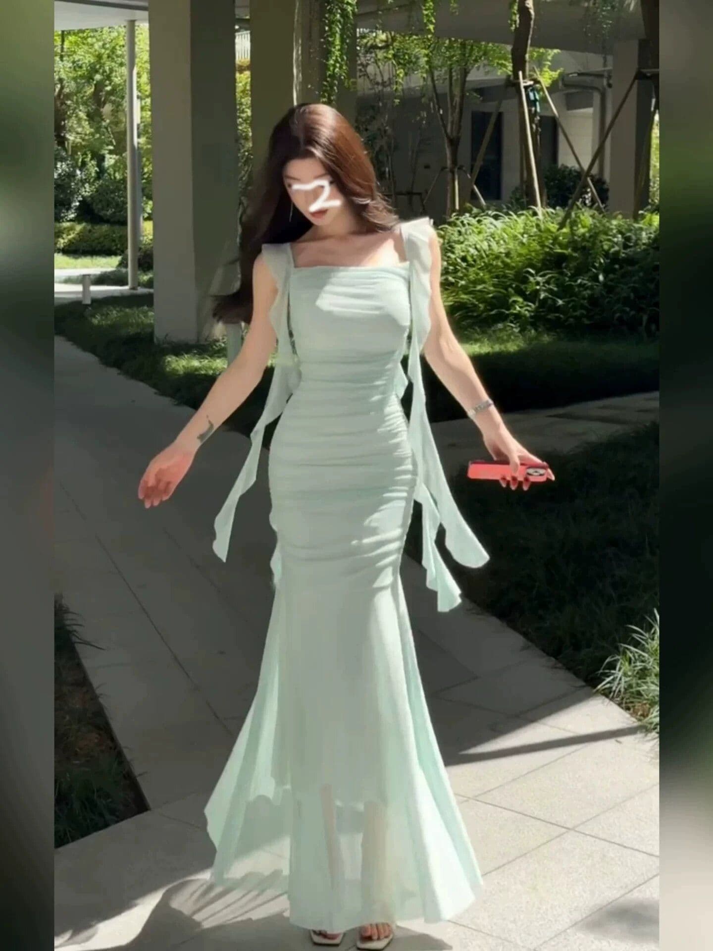 품격 우아함 부드러운 바람 리본 낮은 가슴 슬립 드레스 섹시함 명문 여성 프랑스식 타이트 스커트 인어 꼬리 예복 롱 스커트 이미지 4