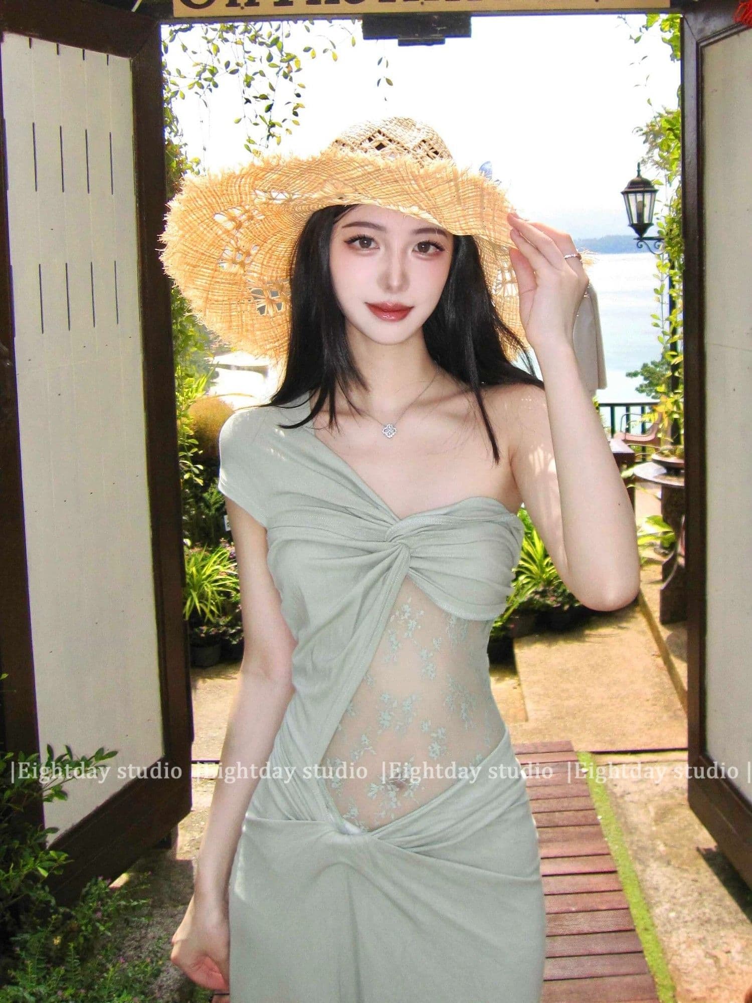비틀림 비스듬한 어깨 드레스 여성 의류 여름 핫걸 섹시함 치마 디자인 센스 레이스 조각 품격 타이트 스커트 롱 스커트 이미지 2
