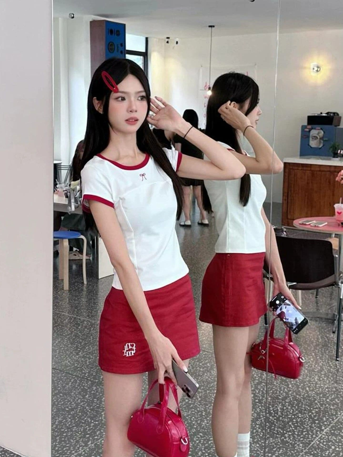원본 품질 달콤한 자매 바람 개성 반신 스커트 라운드 넥 티셔츠 투피스 세트 세트 이미지 3