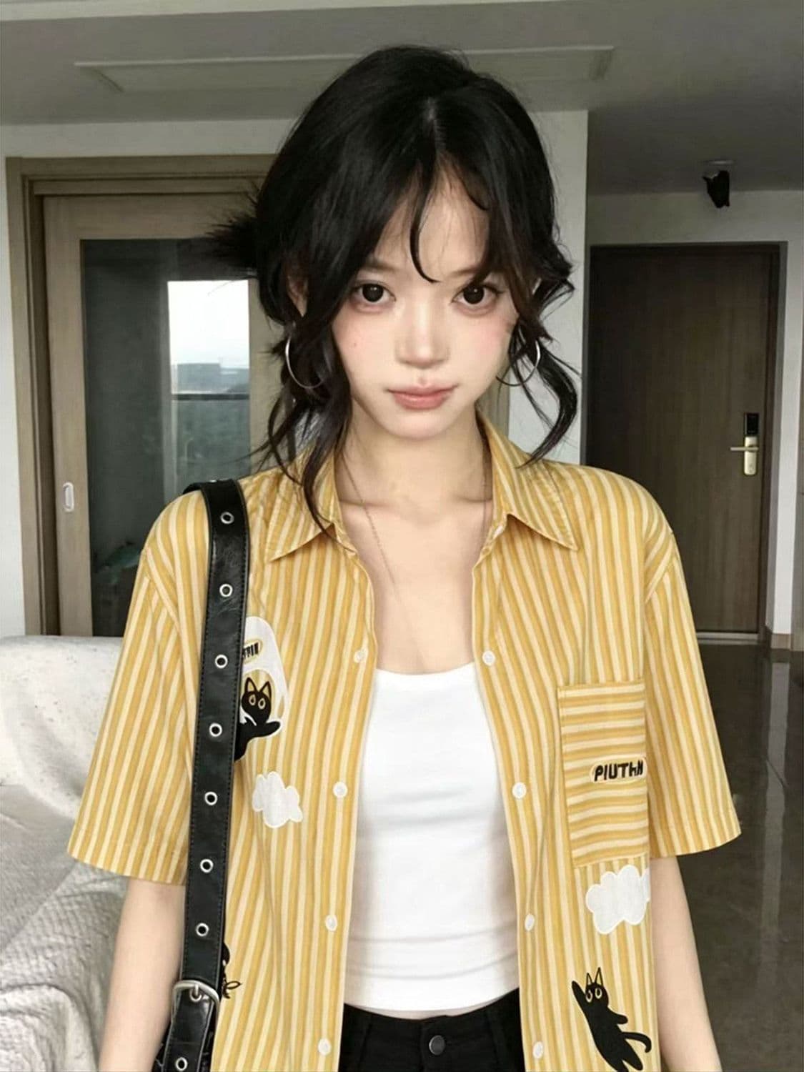 아메리칸 레트로 스트라이프 고양이 만화 자수 디자인 센스 셔츠 반팔 여성 여름 느긋한 바람 셔츠 트렌디 이미지 4