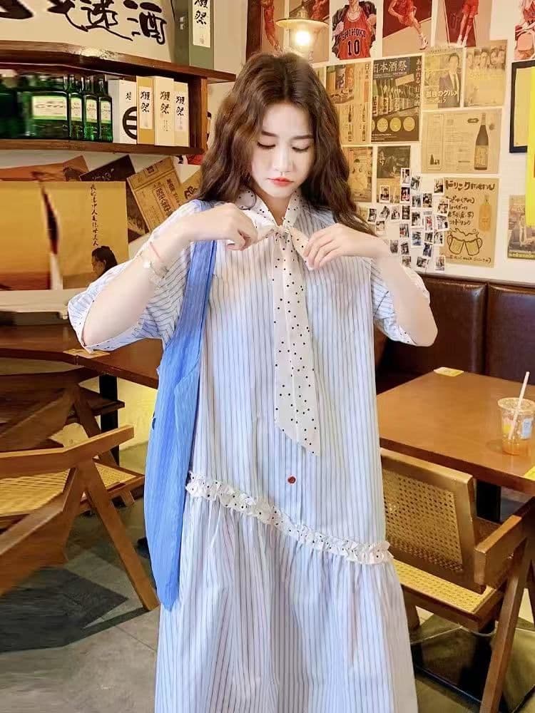 스트라이프 드레스 원본 품질 드레스 중간 길이 여름 새로운 한국 스타일 루즈핏 도트 무늬 레이스업 셔츠 드레스 상세 이미지 5