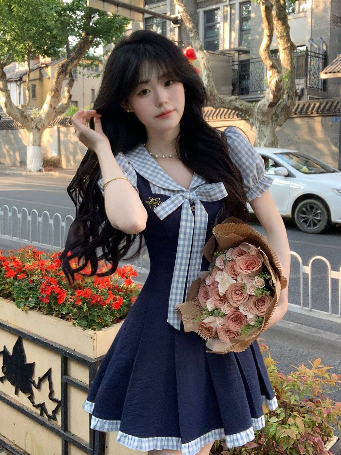 여름 새로운 한 부서 학원 스타일 패션 연령 감소 디자인 나비 매듭 페이크 레이어드 드레스 여자 학생 A라인 스커트 상세 이미지 3
