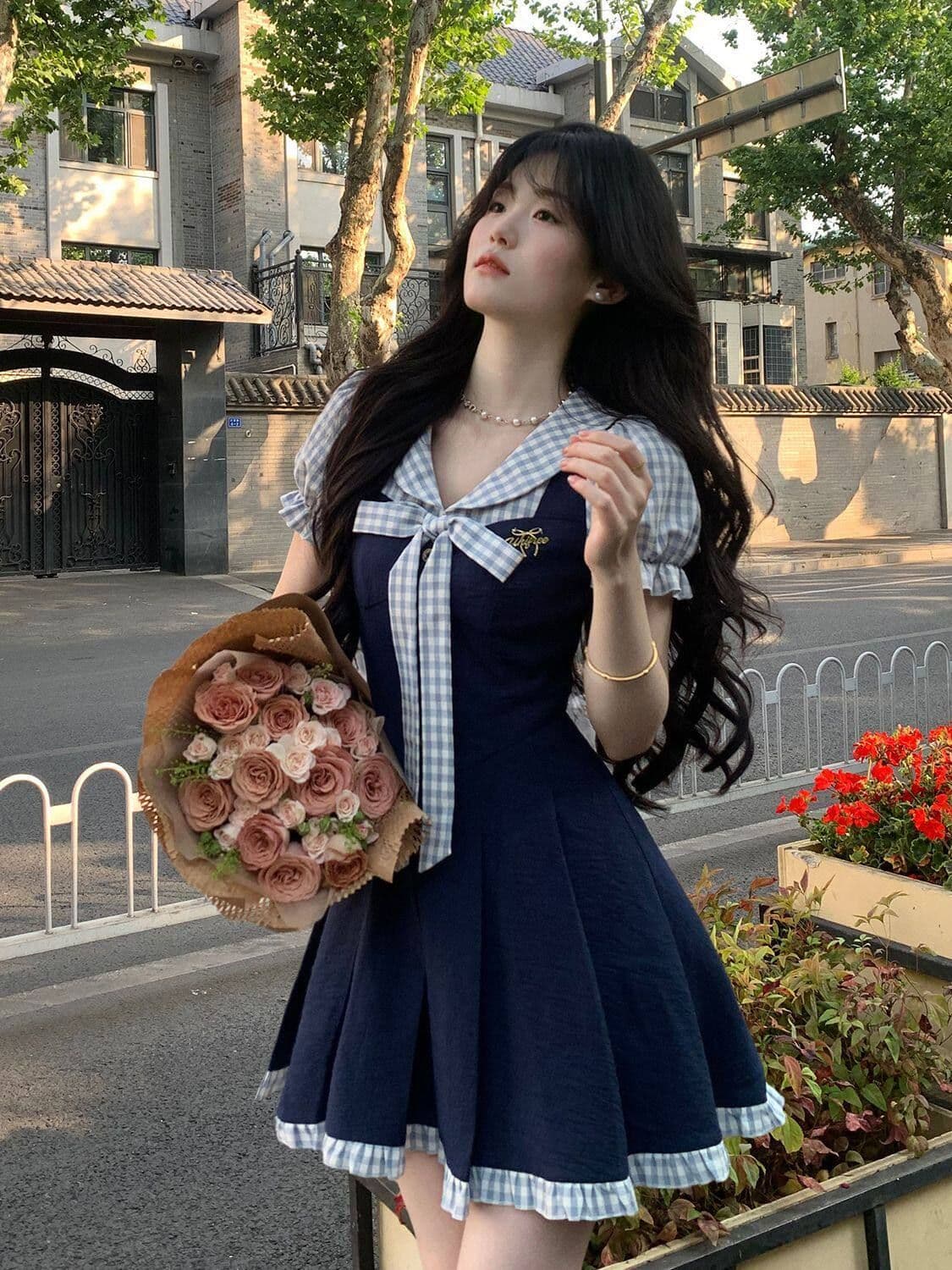 여름 새로운 한 부서 학원 스타일 패션 연령 감소 디자인 나비 매듭 페이크 레이어드 드레스 여자 학생 A라인 스커트 상세 이미지 4