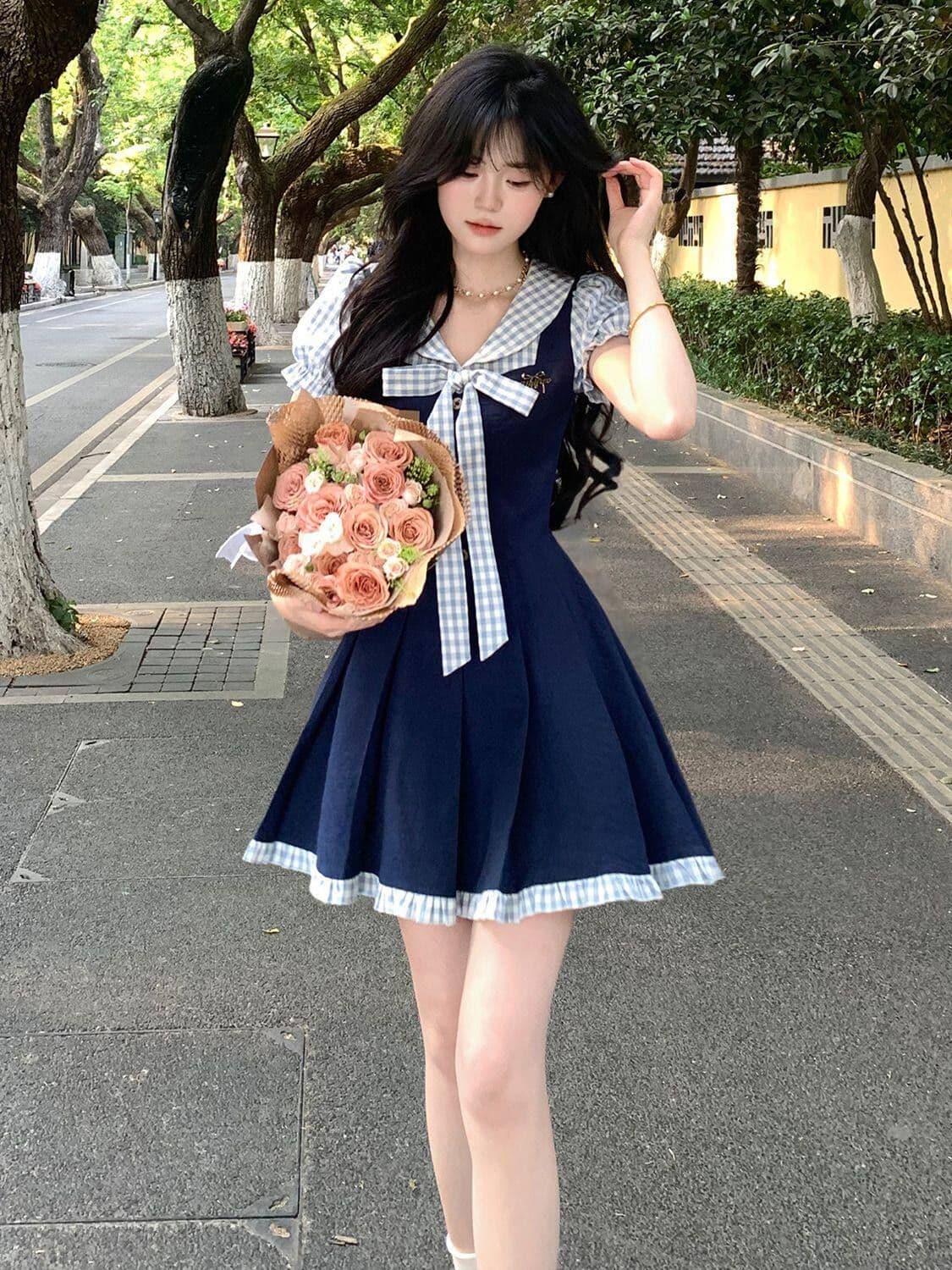 여름 새로운 한 부서 학원 스타일 패션 연령 감소 디자인 나비 매듭 페이크 레이어드 드레스 여자 학생 A라인 스커트 상세 이미지 8
