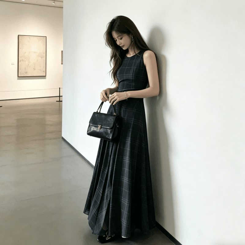 스타일 레트로 센스 체크무늬 망사 여성 드레스 여름 새로운 작은 대중 디자인 허리 수축 슬림해 보이는 도루 센스 품격 롱 스커트 상세 이미지 2