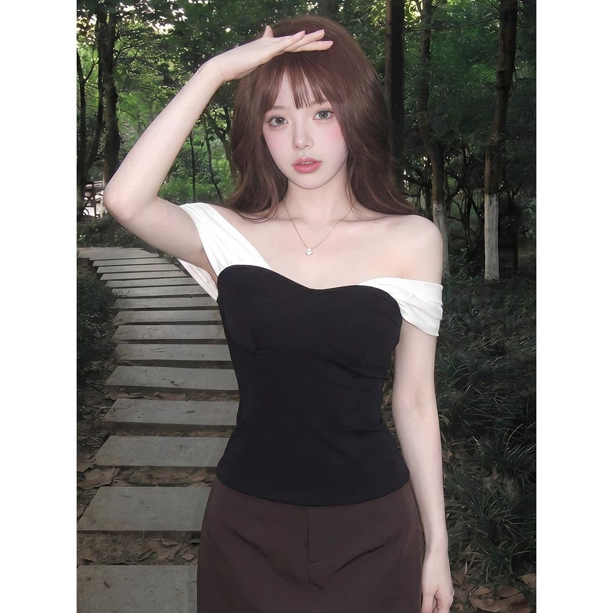 사람들 면 빈 가스 층 망사 패치워크 튜브탑 캐미솔 여름 오프숄더 핫걸 검정색 쇼트 스타일 맨위 이미지 2