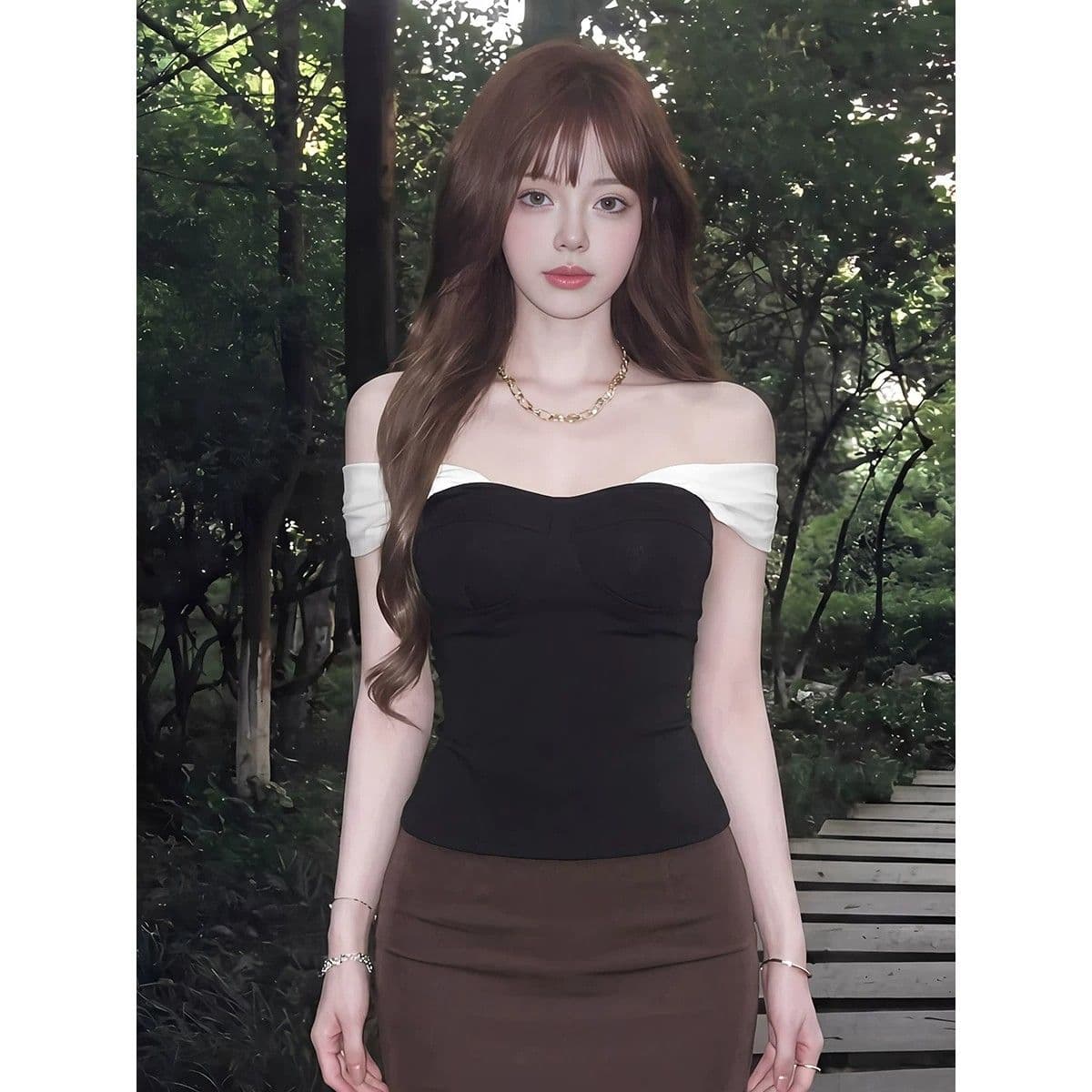 사람들 면 빈 가스 층 망사 패치워크 튜브탑 캐미솔 여름 오프숄더 핫걸 검정색 쇼트 스타일 맨위 이미지 3