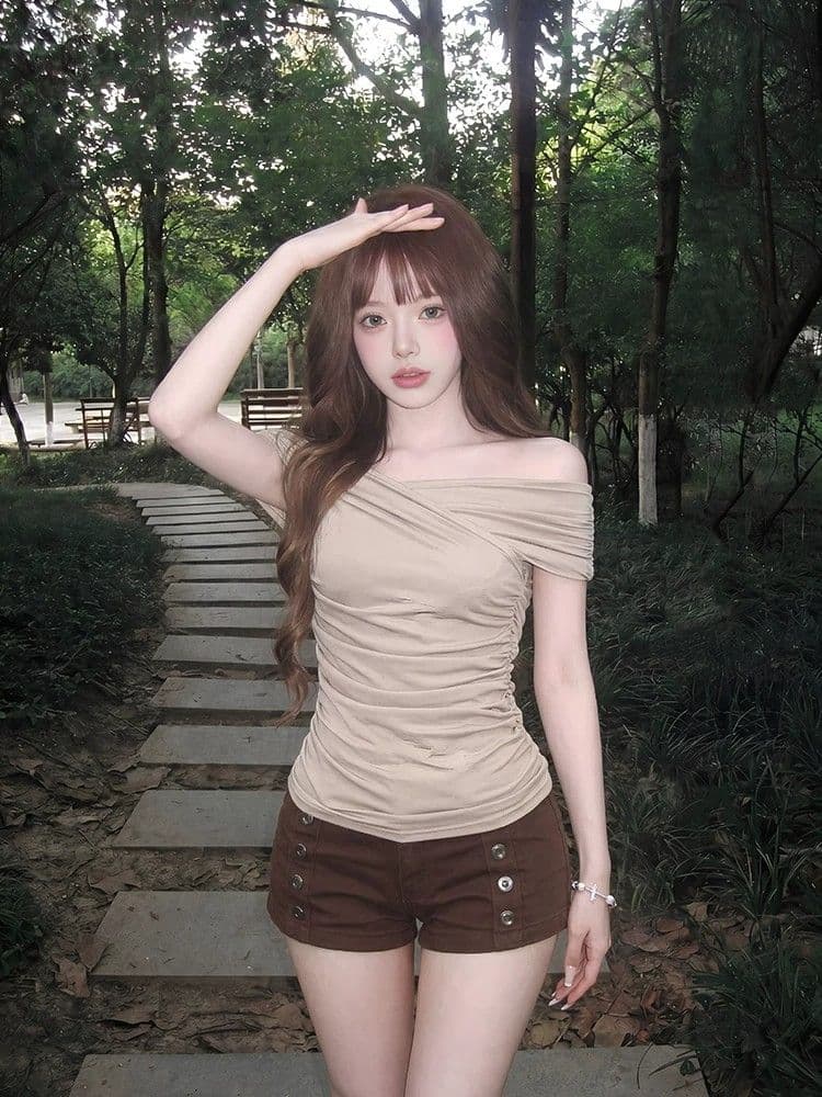 260 그램 사람들 면 디자인 센스 오프숄더 맨위 여성 여름 한 부서 펌프 Pleat 슬림해 보이는 반팔 몸매 가꾸기 핫걸 티셔츠 이미지 3