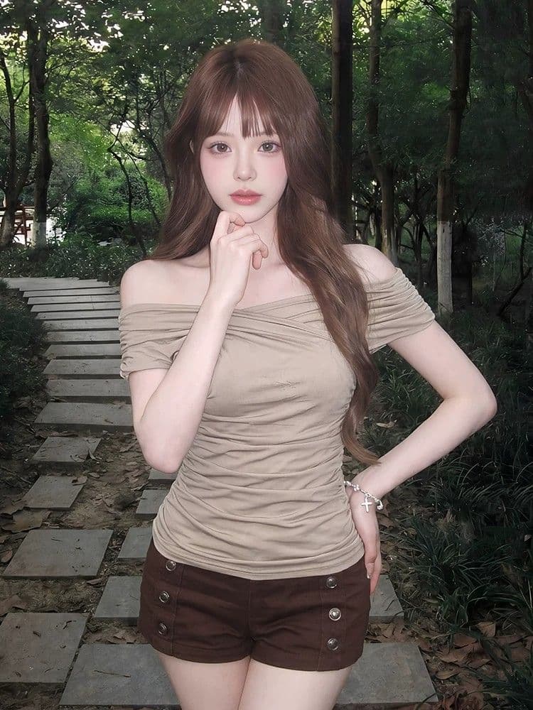 260 그램 사람들 면 디자인 센스 오프숄더 맨위 여성 여름 한 부서 펌프 Pleat 슬림해 보이는 반팔 몸매 가꾸기 핫걸 티셔츠 상세 이미지 3
