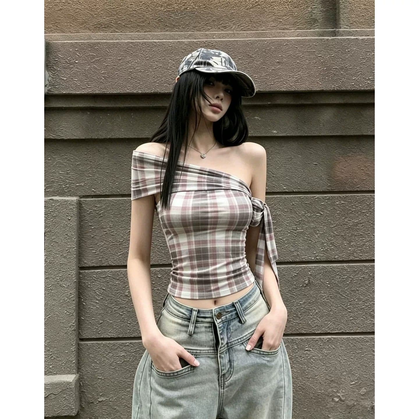아메리칸 핫걸 비스듬한 어깨 체크무늬 티셔츠 여성용 짧은 소매 여름 레이스업 몸매 가꾸기 쇼트 스타일 오프숄더 섹시함 오프숄더 맨위 이미지 4