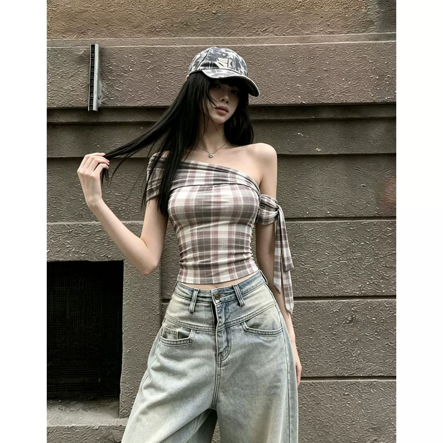 아메리칸 핫걸 비스듬한 어깨 체크무늬 티셔츠 여성용 짧은 소매 여름 레이스업 몸매 가꾸기 쇼트 스타일 오프숄더 섹시함 오프숄더 맨위 상세 이미지 3