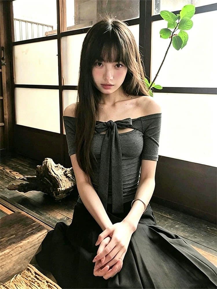 사람들 면 면 컬러 짜임 기사 회색 오프숄더 중간 소매 티셔츠 여성 여름 스트랩 몸매 가꾸기 디자인 센스 오프숄더 맨위 이미지 4