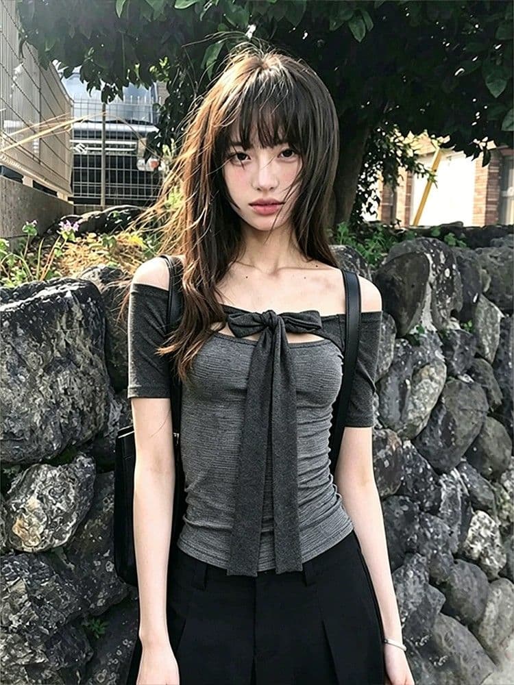 사람들 면 면 컬러 짜임 기사 회색 오프숄더 중간 소매 티셔츠 여성 여름 스트랩 몸매 가꾸기 디자인 센스 오프숄더 맨위 상세 이미지 3