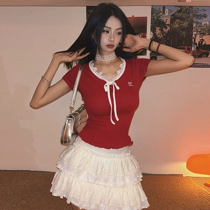 40 순면 명중 가져 가라. 한 부서 레이스 레이스 나비 매듭 스트랩 티셔츠 여성 핫걸 몸매 가꾸기 맨위 이미지 5