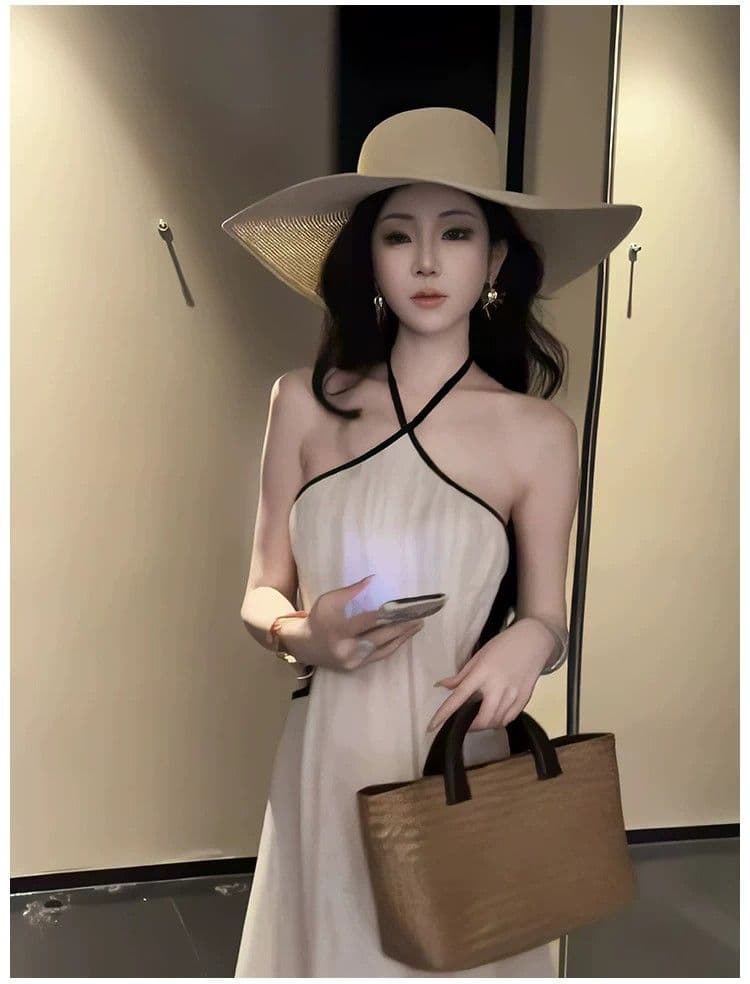 화이트 질감 센스 행침 목 백리스 슬립 여성 드레스 여름 이슬 허리 홀로우 아웃 스트랩 A라인 스커트 휴가 롱 스커트