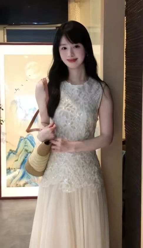 자이언트 잘 생긴 ~ 중 허리 수축 슬림해 보이는 요정 드레스 슈퍼 화재 작은 대중 아니요 명중 섹션 얕은 살구 색상 프랑스식 부드러운 바람 치마