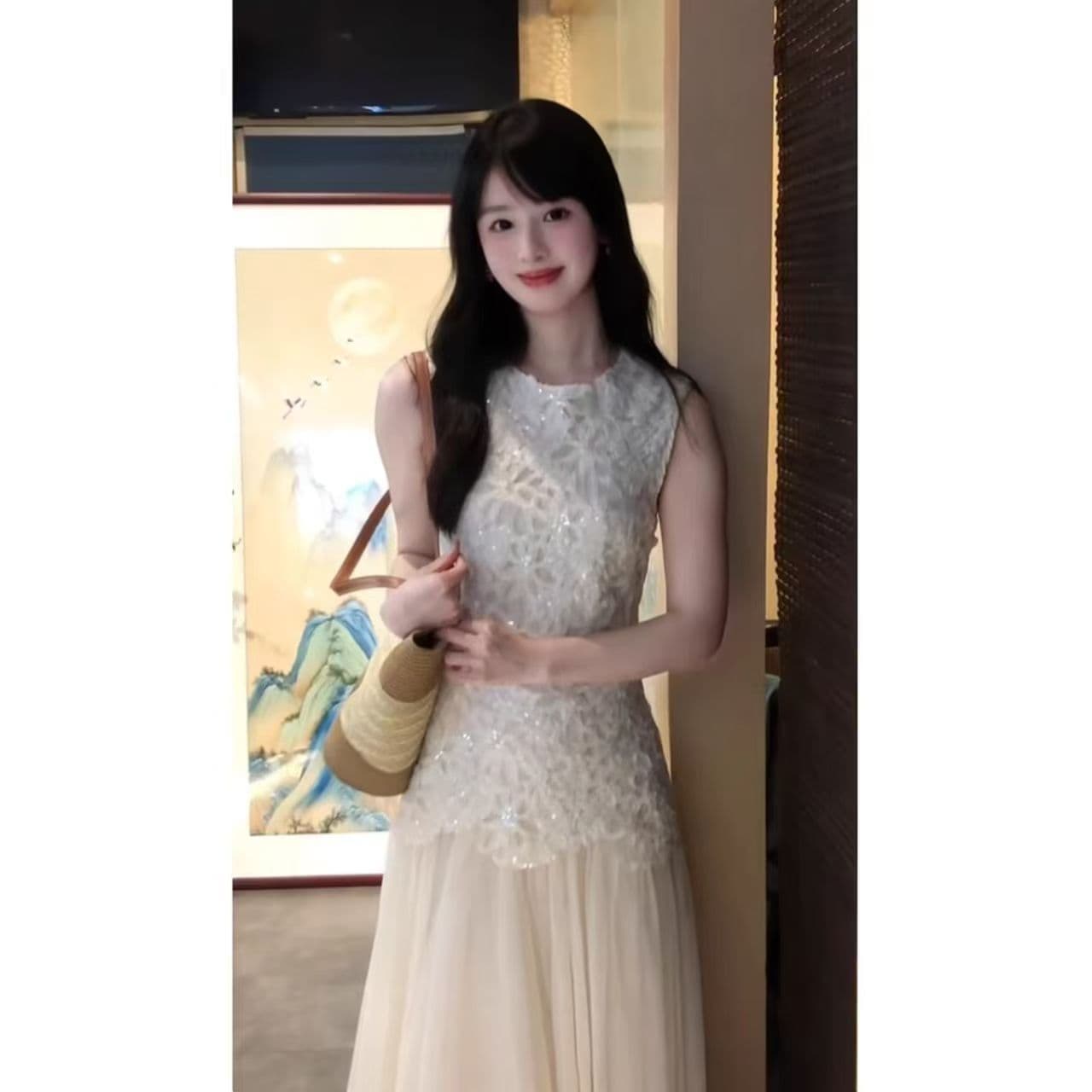 자이언트 잘 생긴 ~ 중 허리 수축 슬림해 보이는 요정 드레스 슈퍼 화재 작은 대중 아니요 명중 섹션 얕은 살구 색상 프랑스식 부드러운 바람 치마 이미지 5