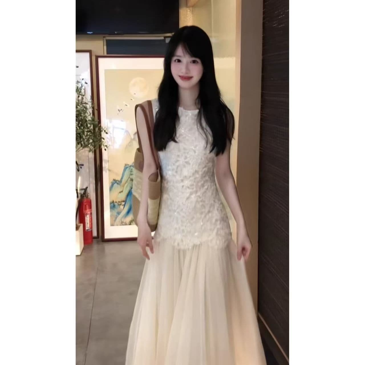 자이언트 잘 생긴 ~ 중 허리 수축 슬림해 보이는 요정 드레스 슈퍼 화재 작은 대중 아니요 명중 섹션 얕은 살구 색상 프랑스식 부드러운 바람 치마 상세 이미지 2