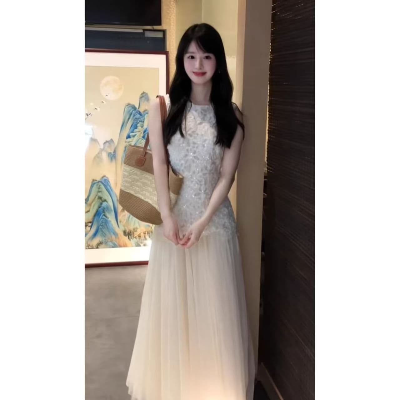 자이언트 잘 생긴 ~ 중 허리 수축 슬림해 보이는 요정 드레스 슈퍼 화재 작은 대중 아니요 명중 섹션 얕은 살구 색상 프랑스식 부드러운 바람 치마 상세 이미지 6