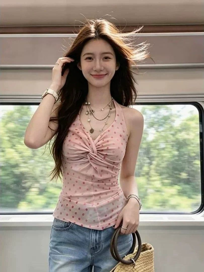 핫걸 ins 바람 도트 무늬 비틀림 행침 목 캐미솔 여름 새로운 고유 한 아름다운 작은 셔츠 만나는 맨위 이미지 2