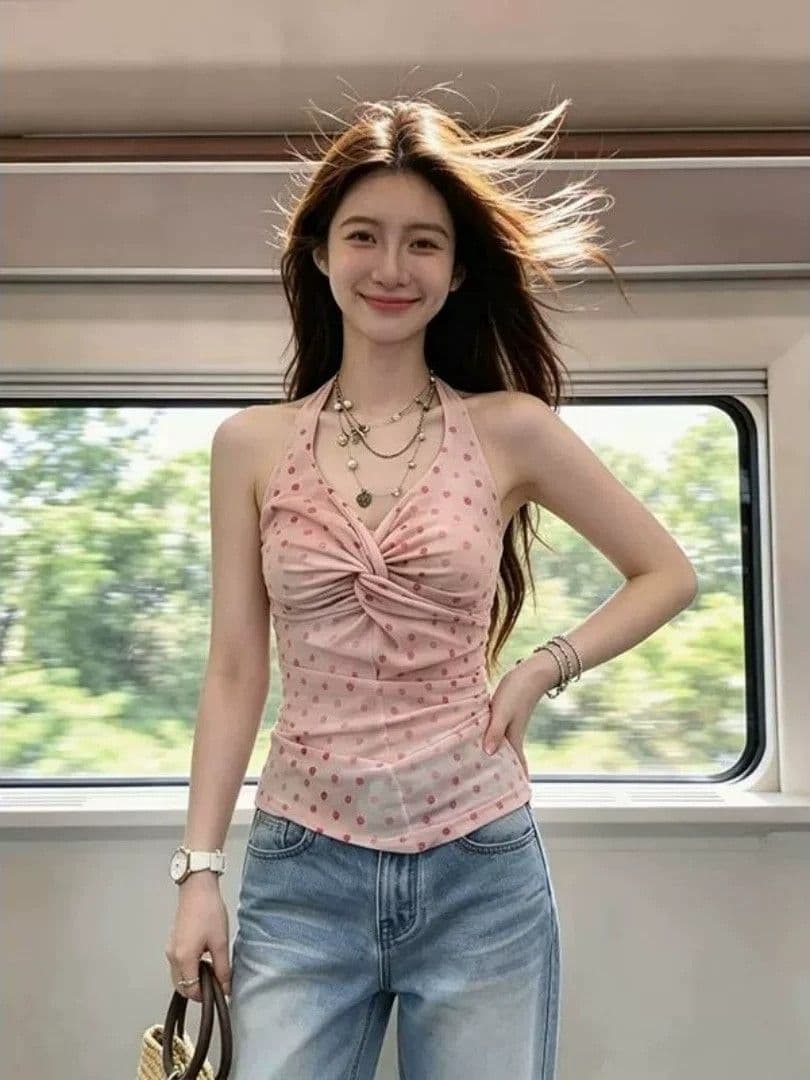핫걸 ins 바람 도트 무늬 비틀림 행침 목 캐미솔 여름 새로운 고유 한 아름다운 작은 셔츠 만나는 맨위