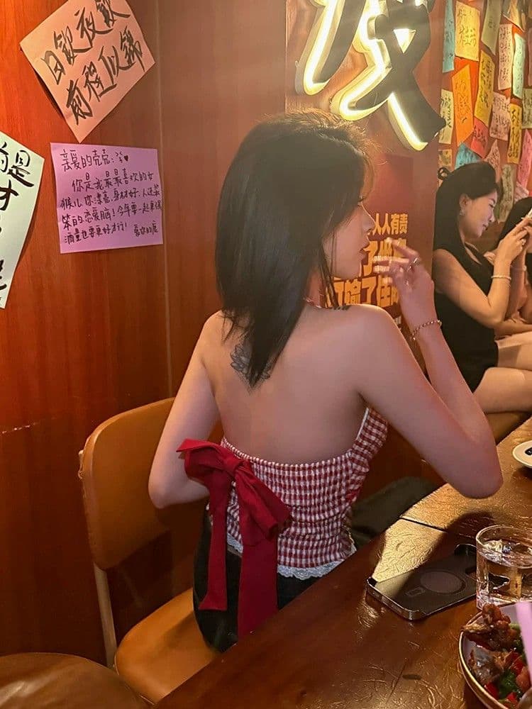 원본 원단 것 수 있습니다. 대비 빨간색 체크무늬 조끼 슬립 패치워크 레이스 섹시함 행침 목 핫걸 맨위 이미지 3