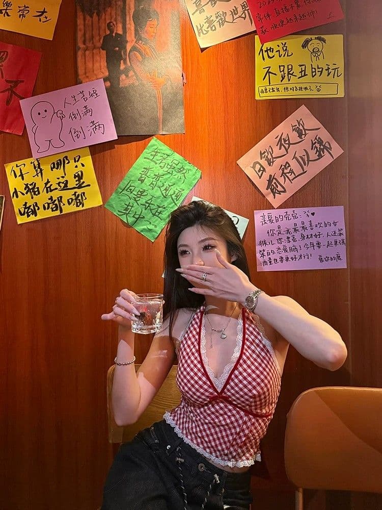 원본 원단 것 수 있습니다. 대비 빨간색 체크무늬 조끼 슬립 패치워크 레이스 섹시함 행침 목 핫걸 맨위 상세 이미지 2