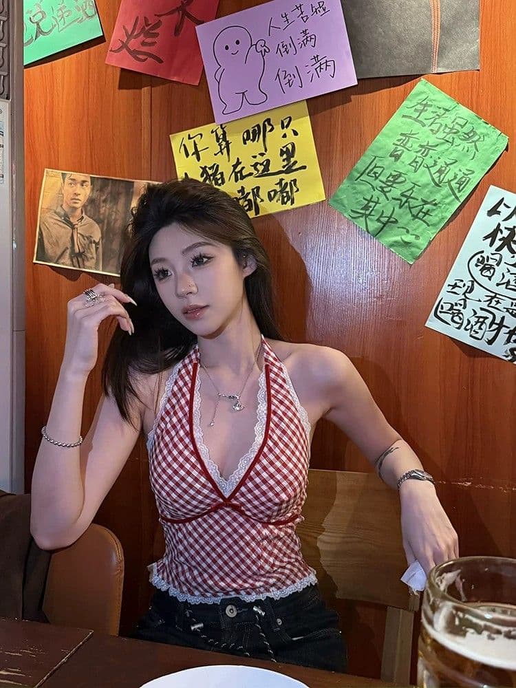 원본 원단 것 수 있습니다. 대비 빨간색 체크무늬 조끼 슬립 패치워크 레이스 섹시함 행침 목 핫걸 맨위 상세 이미지 4