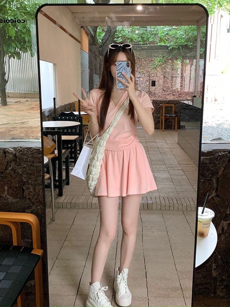 있음 안감 한국 스타일 세트 여성 새로운 여름 POLO 칼라 주름 긍정적 인 어깨 의류 미니 스커트 투피스 세트 상세 이미지 5