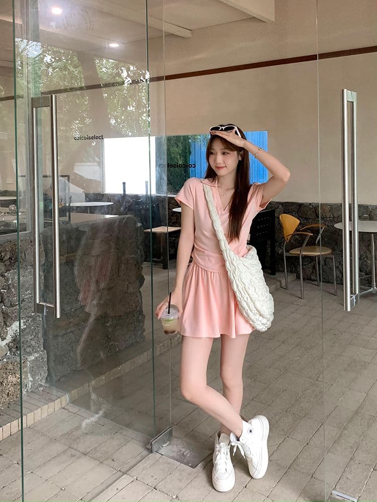 있음 안감 한국 스타일 세트 여성 새로운 여름 POLO 칼라 주름 긍정적 인 어깨 의류 미니 스커트 투피스 세트 상세 이미지 6