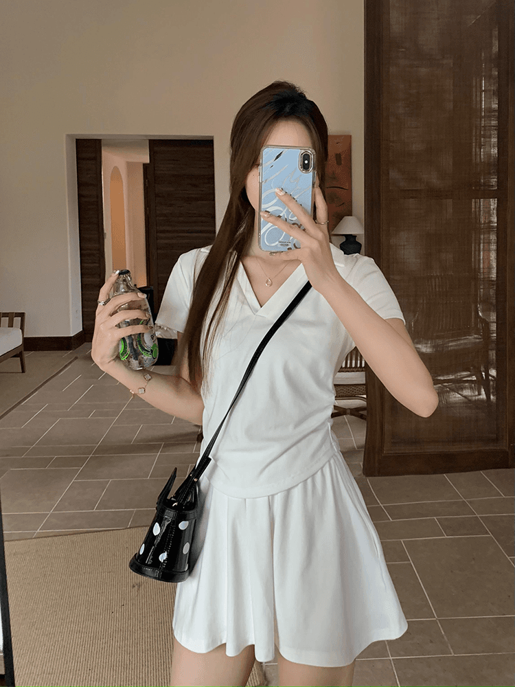 있음 안감 한국 스타일 세트 여성 새로운 여름 POLO 칼라 주름 긍정적 인 어깨 의류 미니 스커트 투피스 세트 상세 이미지 10