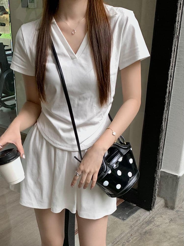 있음 안감 한국 스타일 세트 여성 새로운 여름 POLO 칼라 주름 긍정적 인 어깨 의류 미니 스커트 투피스 세트 상세 이미지 15