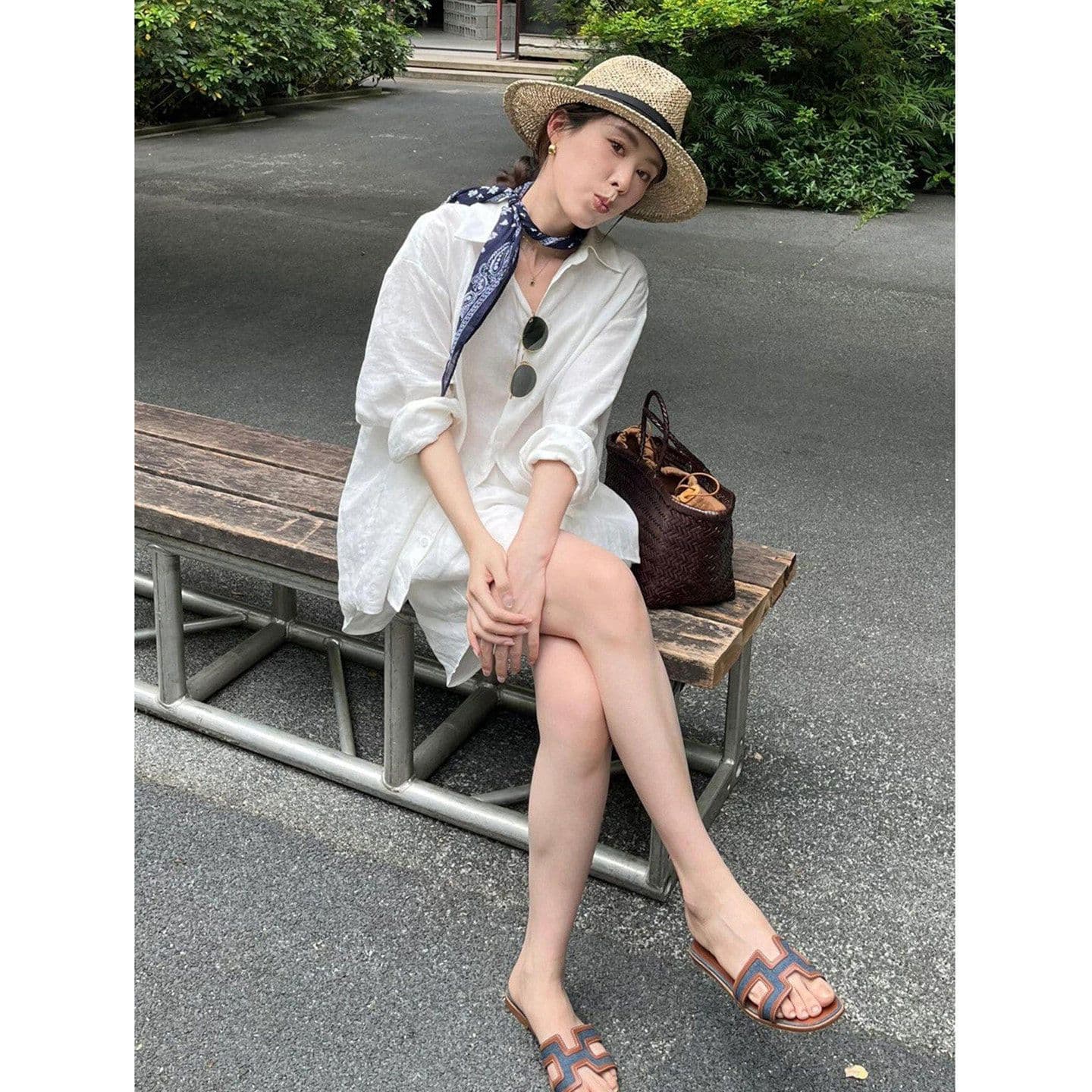 화이트 자외선 차단 셔츠 경기 허리밴드 반바지 여름 얇은 스타일 오래된 돈 바람 착용 가져 가라. 아마 여성 고급 면 린넨 세트 상세 이미지 3