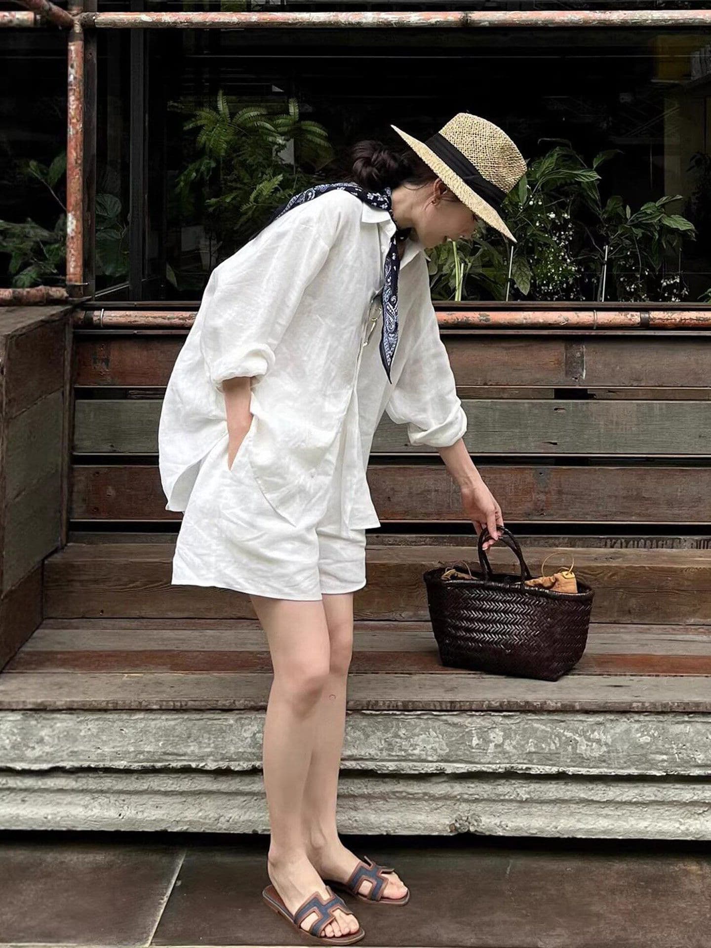 화이트 자외선 차단 셔츠 경기 허리밴드 반바지 여름 얇은 스타일 오래된 돈 바람 착용 가져 가라. 아마 여성 고급 면 린넨 세트 상세 이미지 9