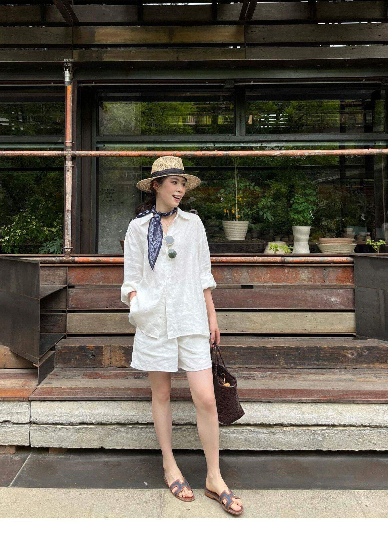 화이트 자외선 차단 셔츠 경기 허리밴드 반바지 여름 얇은 스타일 오래된 돈 바람 착용 가져 가라. 아마 여성 고급 면 린넨 세트 상세 이미지 15