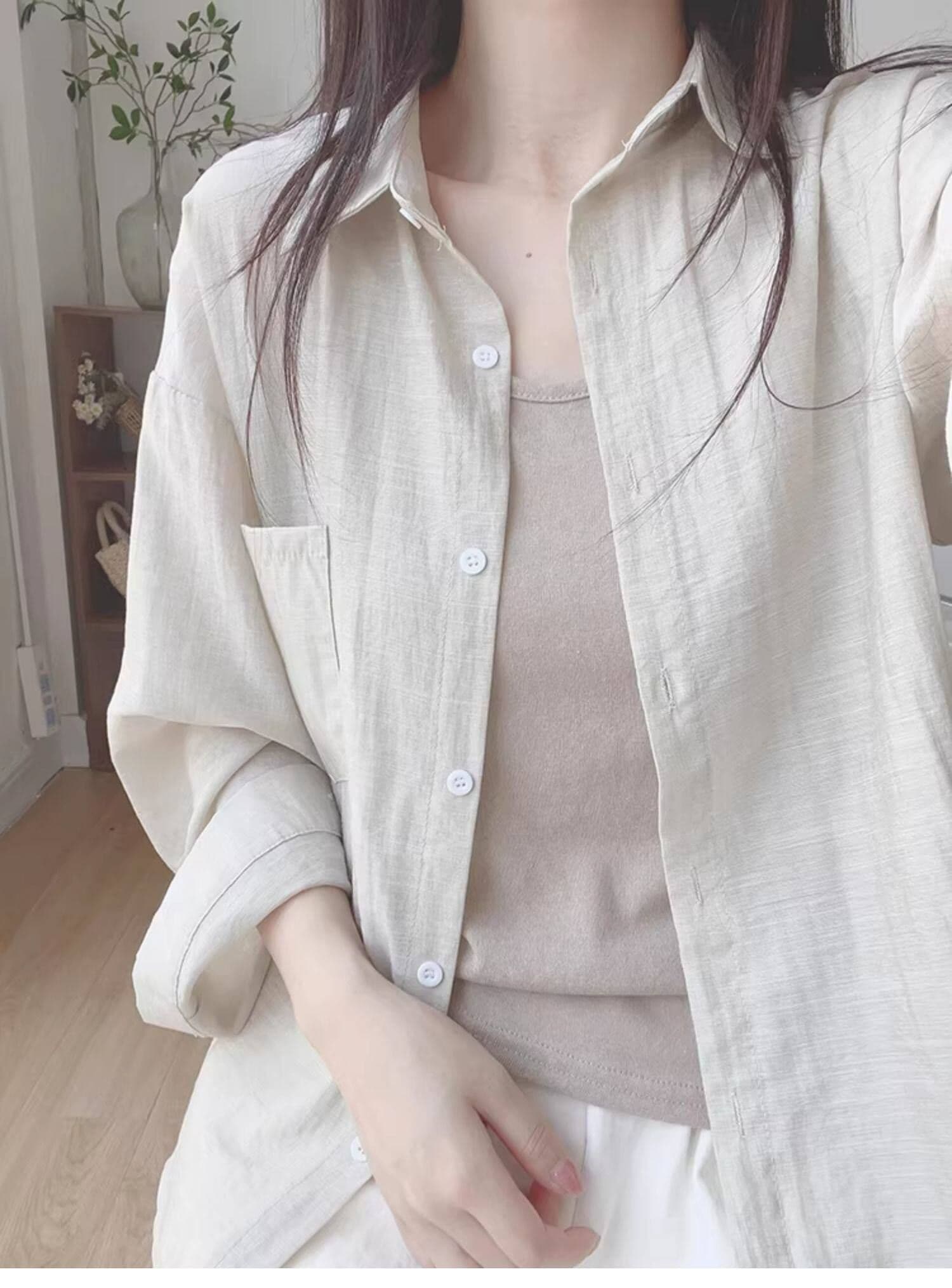 캐주얼 카키 색 자외선 차단 여성 셔츠 봄 여름 작은 키 긴팔 루즈핏 출퇴근 한 부서 셔츠 슬립 세트 상세 이미지 8