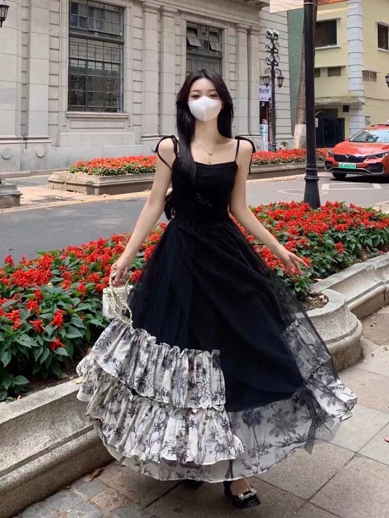 부드러운 부서 착용 가져 가라. 여성 2024 여름 새로운 한국 스타일 패션 명문 여성 조끼 망사 슬립 롱 코트 드레스 상세 이미지 1