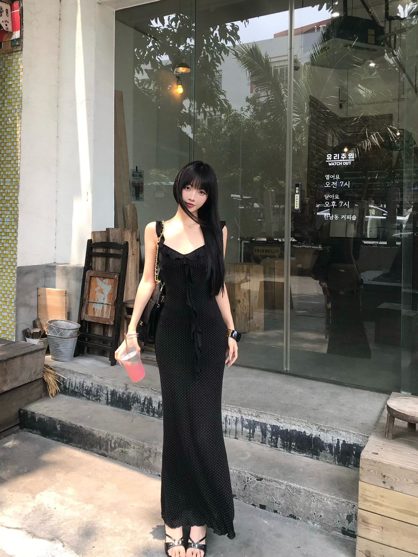 원본 품질 여성 여름 몸매 가꾸기 도트 무늬 깊은 V 넥 타이트 스커트 롱 스커트 프랑스식 검정색 작은 날다 소매 슬립 드레스 상세 이미지 10