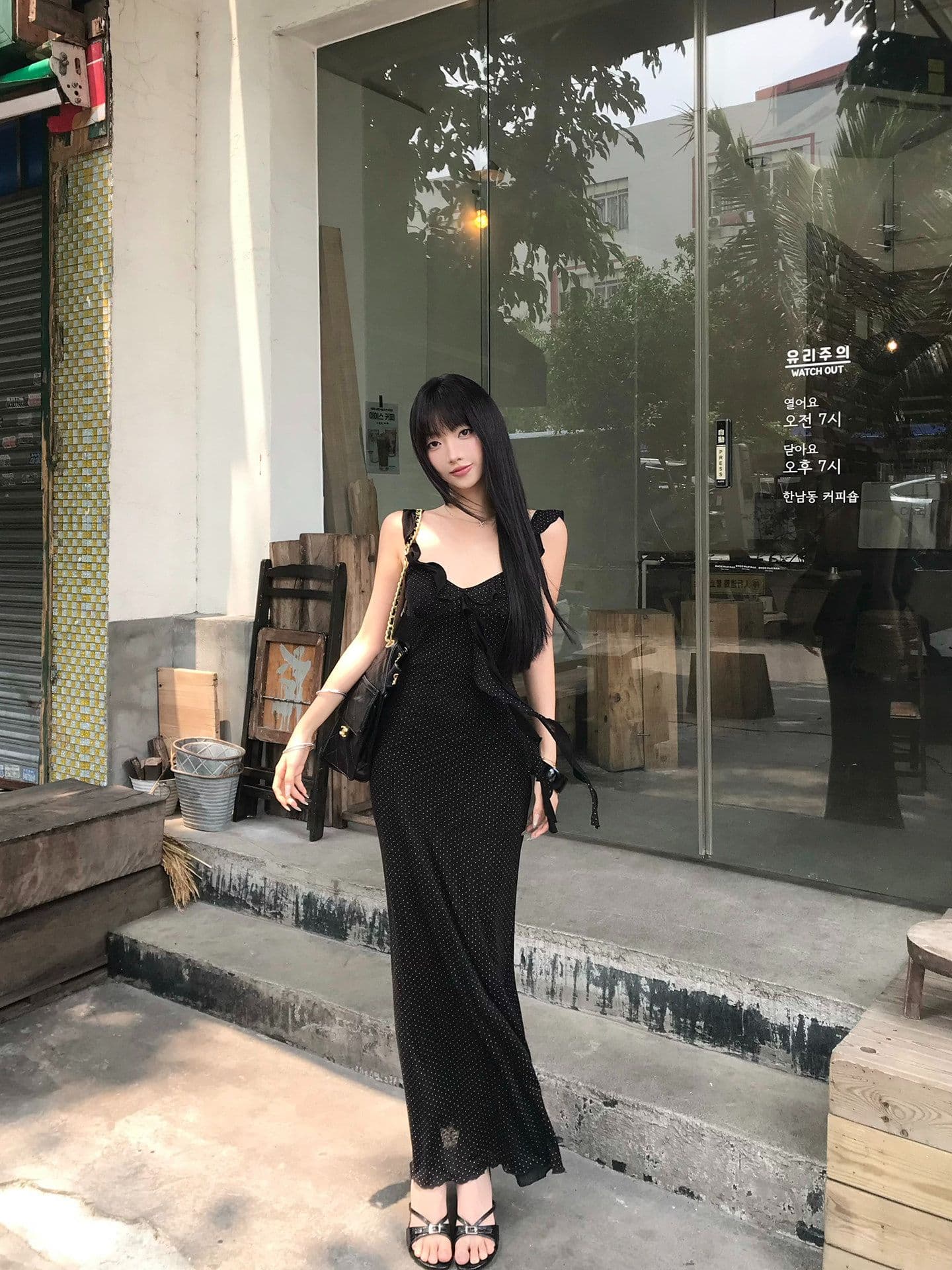 원본 품질 여성 여름 몸매 가꾸기 도트 무늬 깊은 V 넥 타이트 스커트 롱 스커트 프랑스식 검정색 작은 날다 소매 슬립 드레스 상세 이미지 20