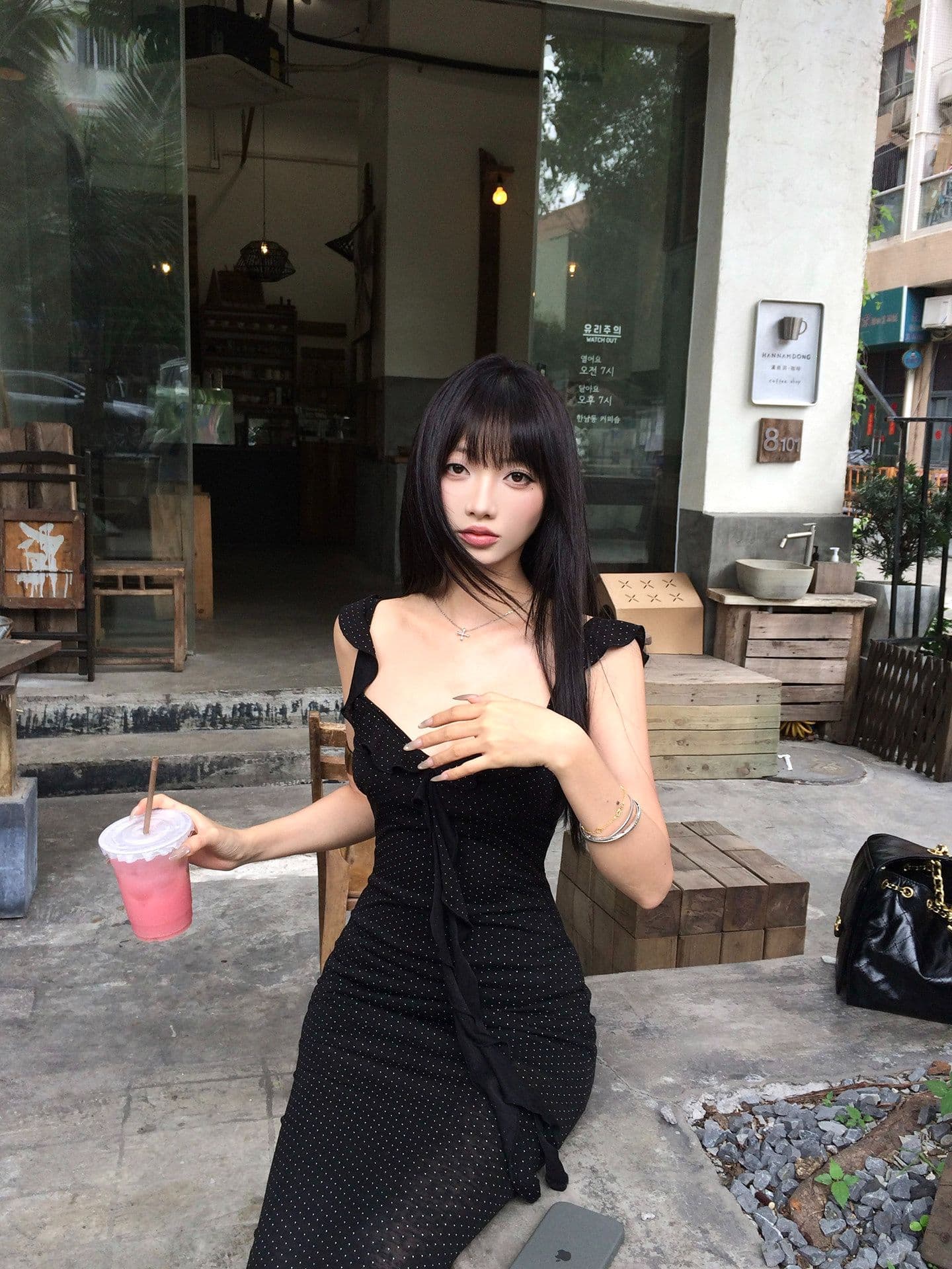원본 품질 여성 여름 몸매 가꾸기 도트 무늬 깊은 V 넥 타이트 스커트 롱 스커트 프랑스식 검정색 작은 날다 소매 슬립 드레스 상세 이미지 22