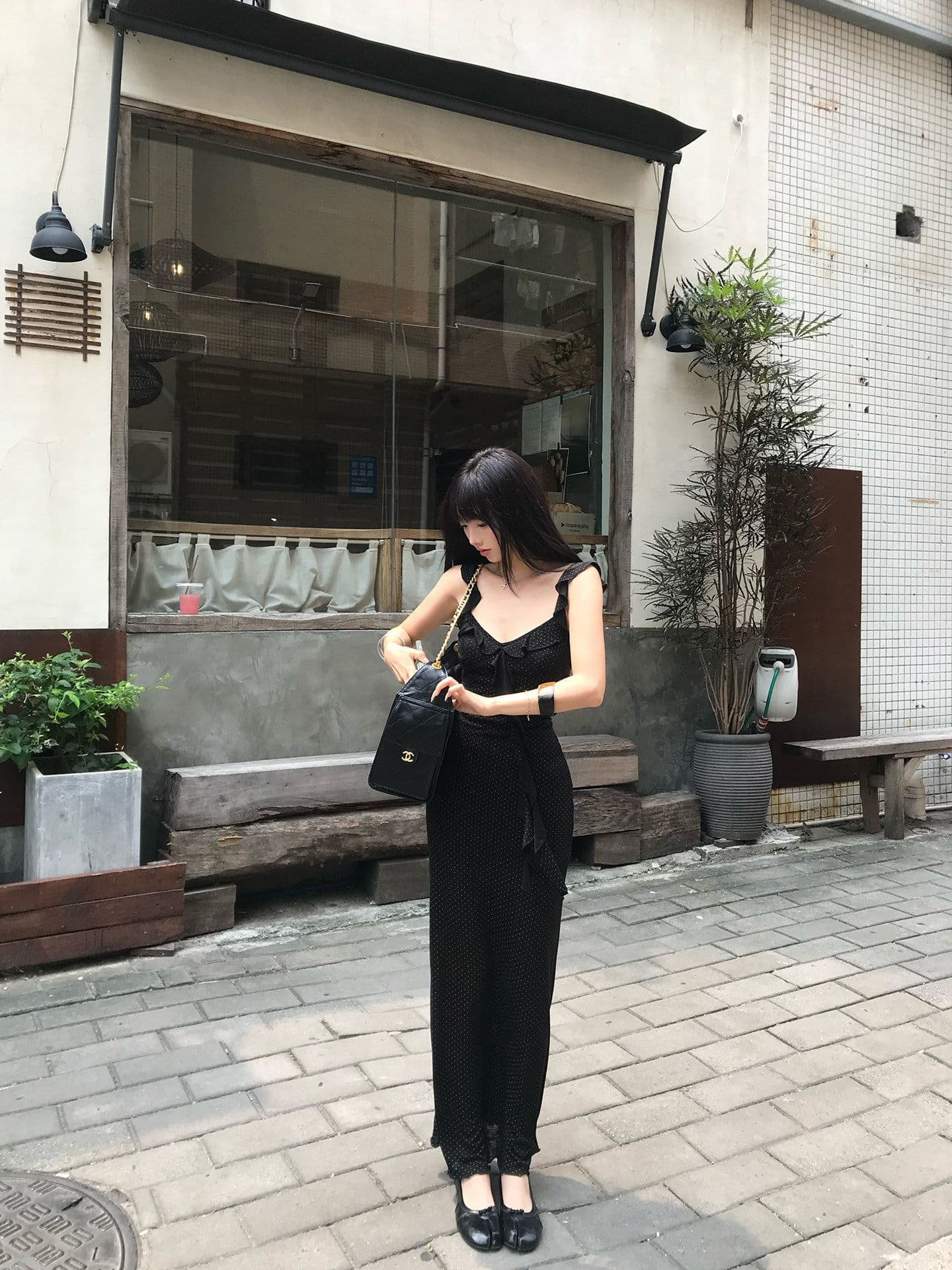 원본 품질 여성 여름 몸매 가꾸기 도트 무늬 깊은 V 넥 타이트 스커트 롱 스커트 프랑스식 검정색 작은 날다 소매 슬립 드레스 상세 이미지 23