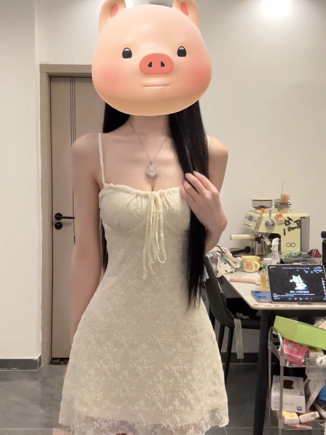 핫걸 레트로 섹시함 화이트 광장 칼라 레이스업 슬립 드레스 여름 순수한 욕망 디스플레이 몸 허리 수축 타이트 스커트 미니 스커트 상세 이미지 4
