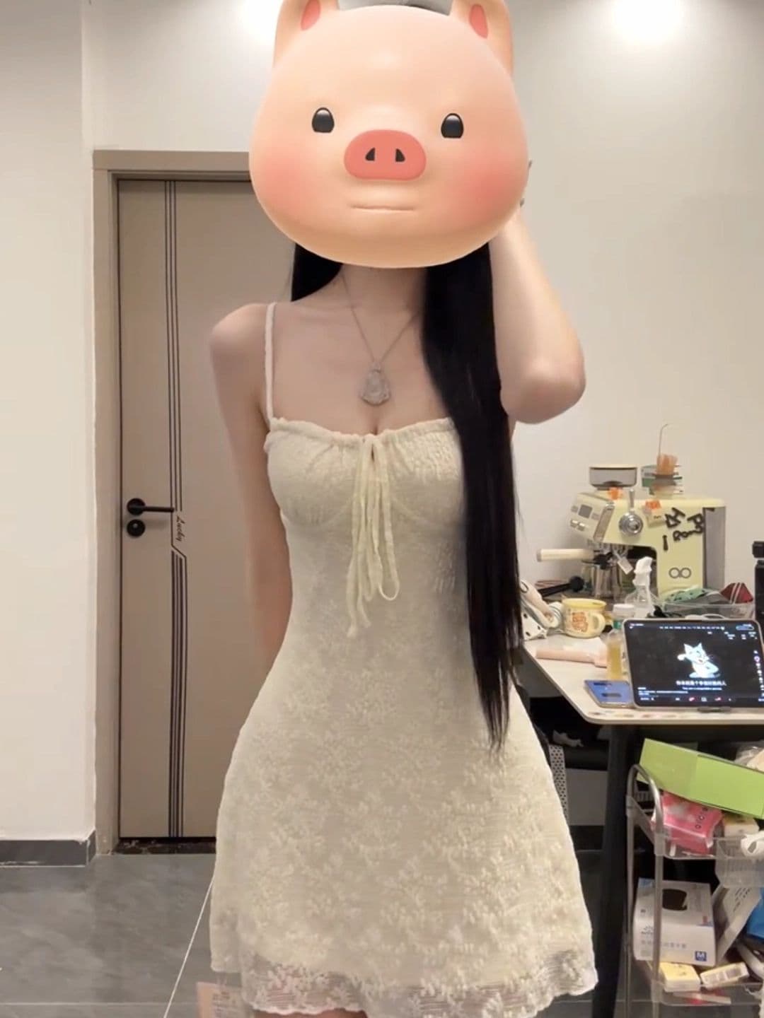 핫걸 레트로 섹시함 화이트 광장 칼라 레이스업 슬립 드레스 여름 순수한 욕망 디스플레이 몸 허리 수축 타이트 스커트 미니 스커트 상세 이미지 6