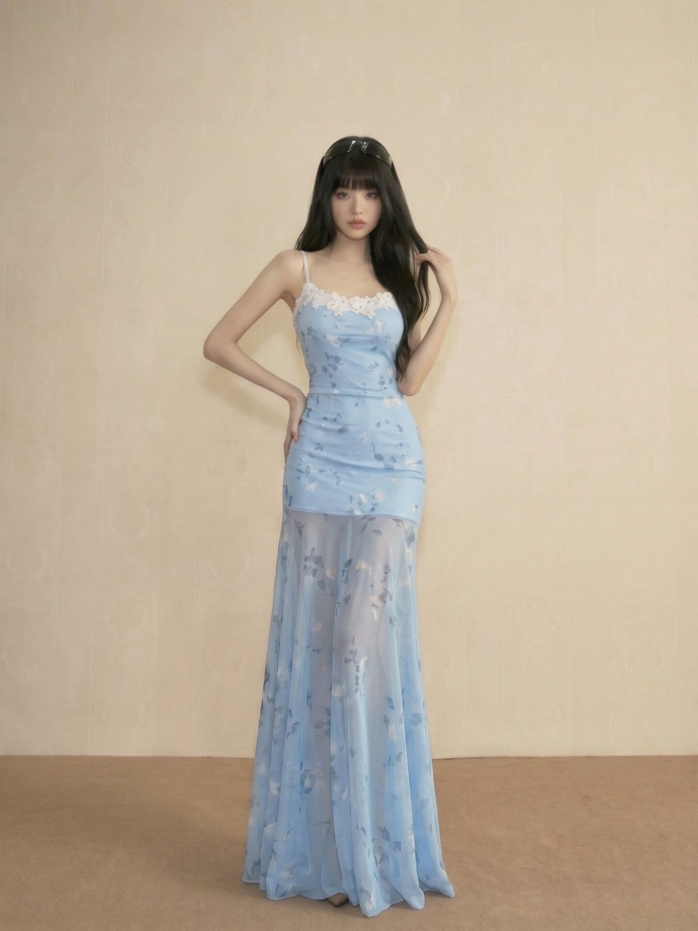 rosy 이슬 생각하기 프랑스식 파란색 레이스 슬립 여성 드레스 여름 프린트 망사 해변가 휴가 길다 치마