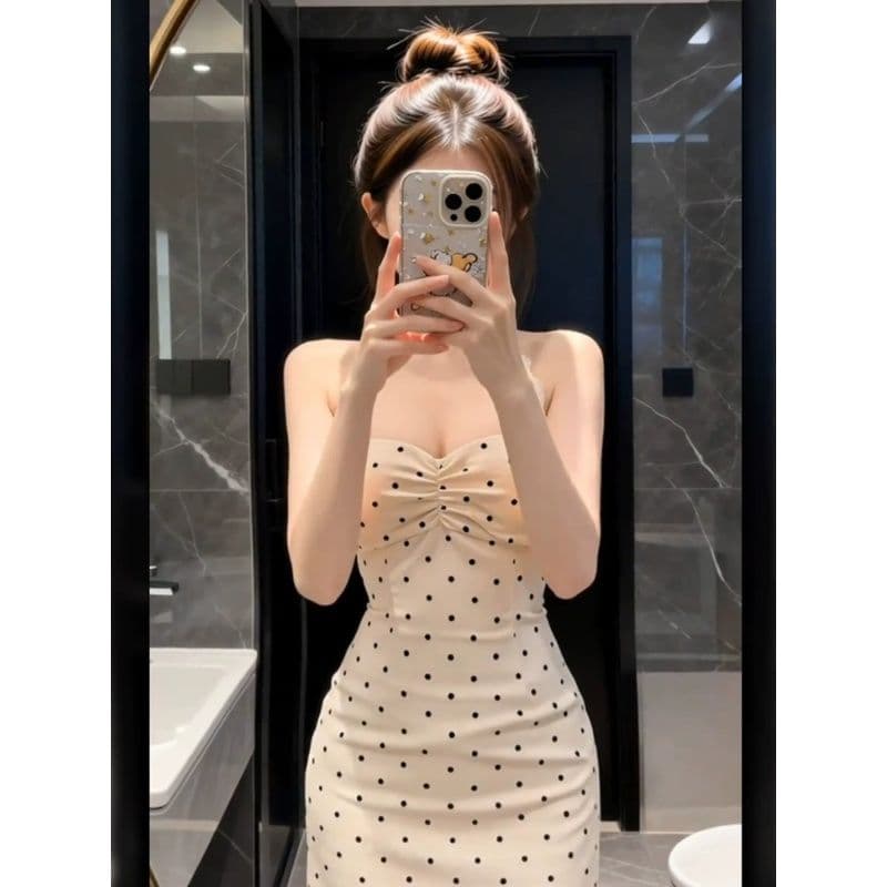 순수한 욕망 바람 레이스 조각 도트 무늬 행침 목 여성 드레스 여름 허리 수축 디스플레이 몸 타이트 스커트 품격 짧은 치마 이미지 4
