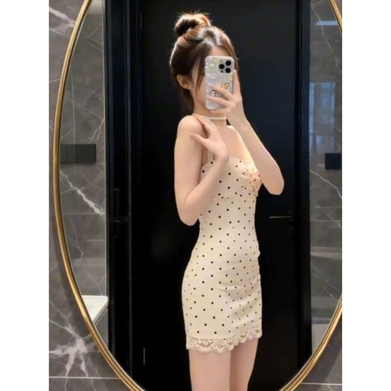 순수한 욕망 바람 레이스 조각 도트 무늬 행침 목 여성 드레스 여름 허리 수축 디스플레이 몸 타이트 스커트 품격 짧은 치마 이미지 3